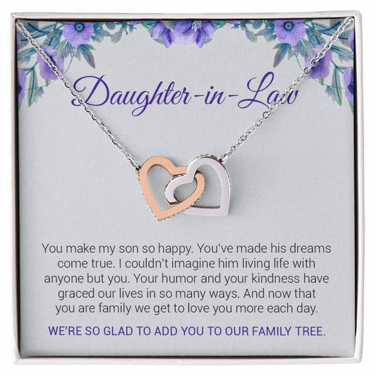 To My Daughter In Law | We're So Glad To Add You To Our Family Tree - Interlocking Hearts necklace